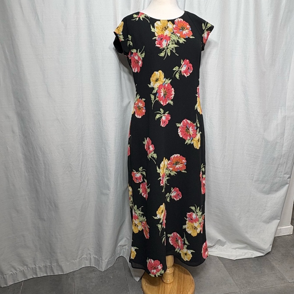 Vintage Emma James Liz Claiborne Black Floral Short‎ Sleeve Maxi Dress Size 10